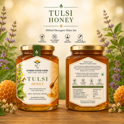 Buy Sunrise Nature Farms Tulsi Honey 500ml online. 100% natural, raw, unfiltered and lab tested honey made from pure Tulsi blossom nectar. No added sugar.